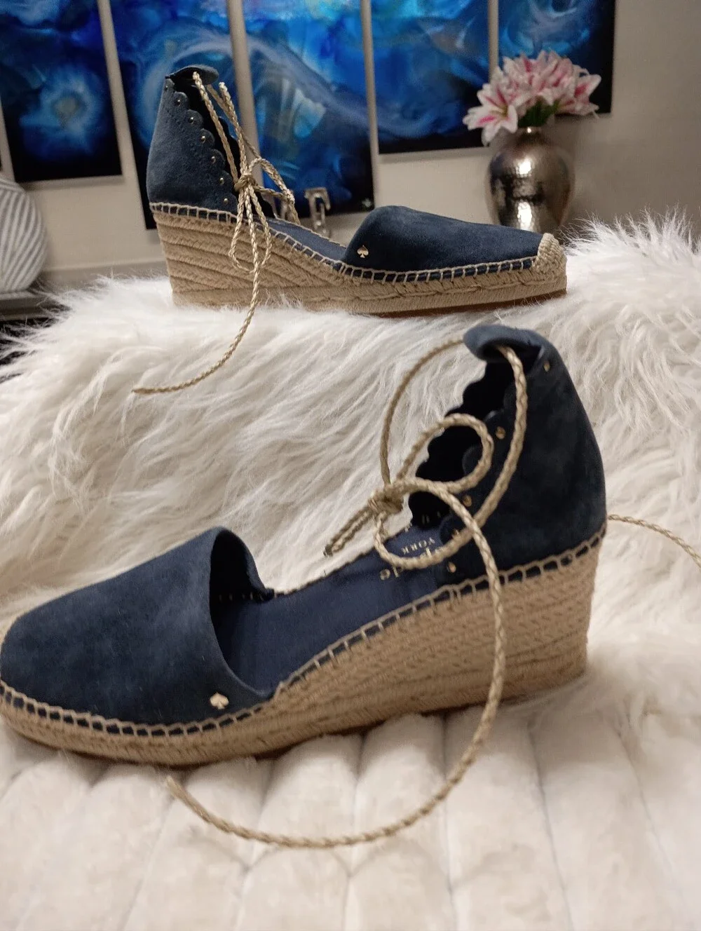 kate spade New York Polly Blazer Blue Suede Espadrille Wedge Lace-Up Shoes Flaw